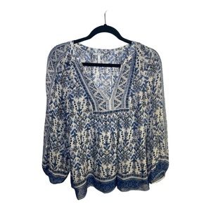 Joie Women’s Silk Popover Blouse Sz M Blue White Floral Sheer Peasant V-Neck Top